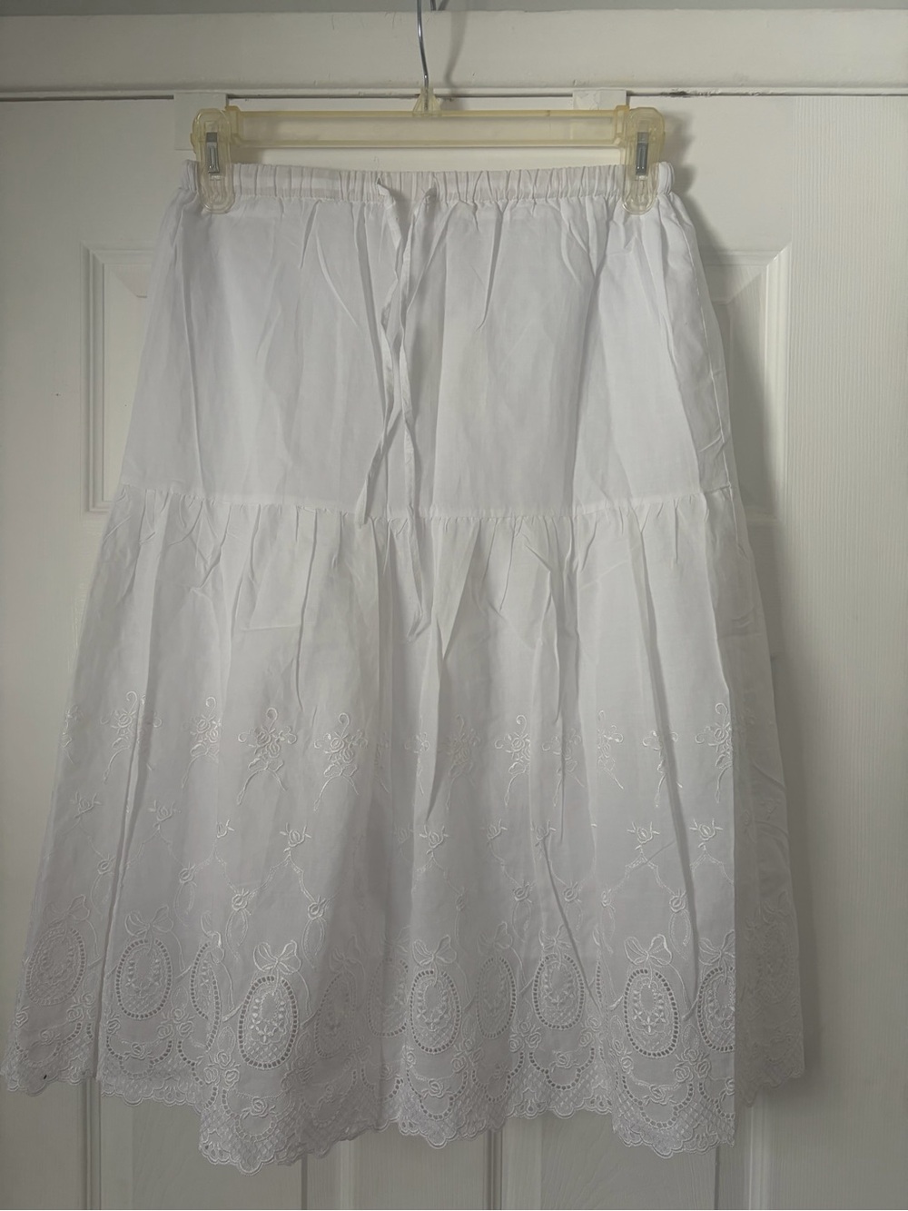 100% Cotton White Embroidered Tiered Midi Skirt